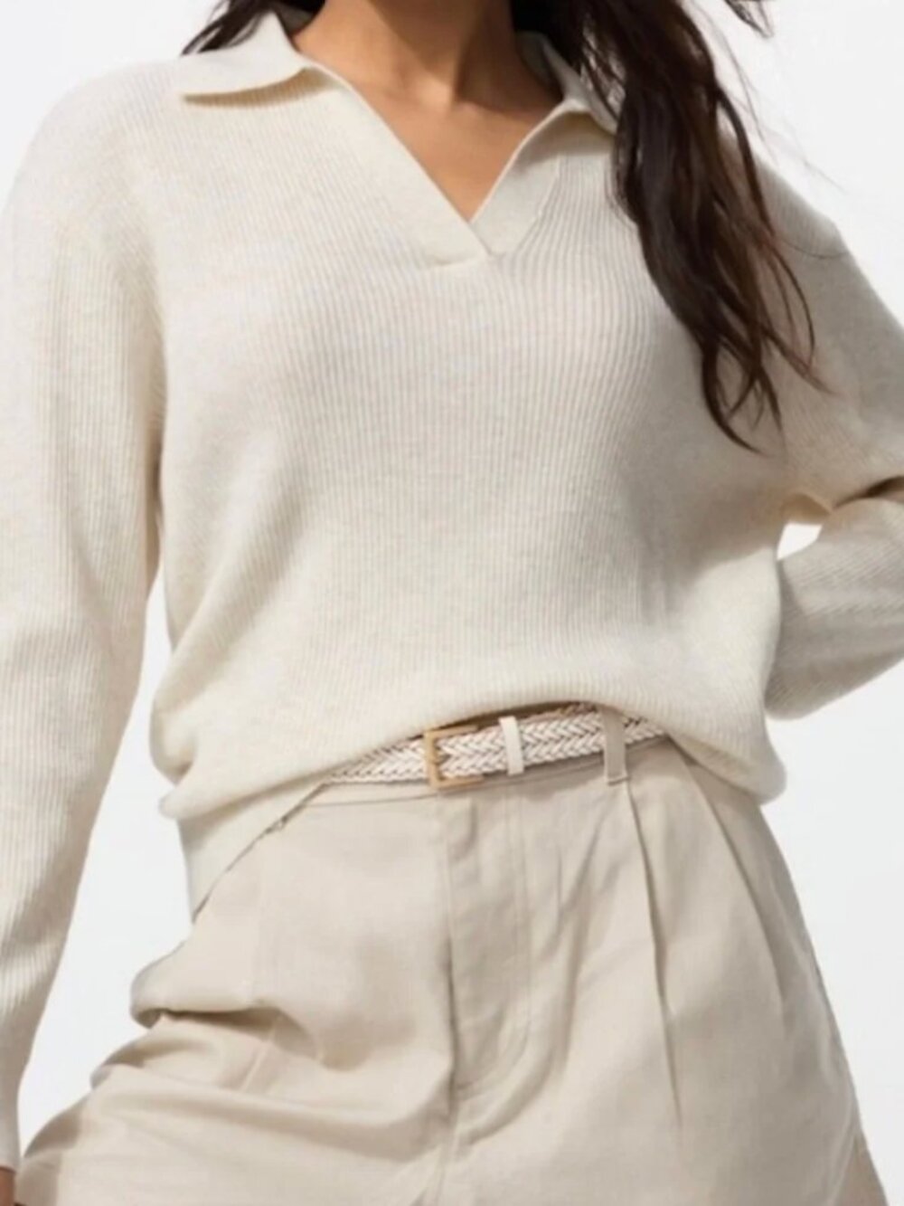 UNIQLO Washable Knit Ribbed Polo Sweater Size XS Natural